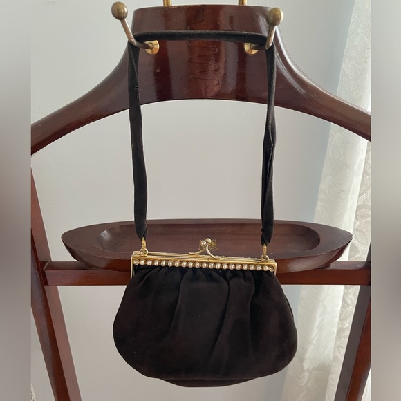 Vintage Leather School Florence Black Suede Evening Clutch lined w Tiny Pearls - Picture 2 of 9